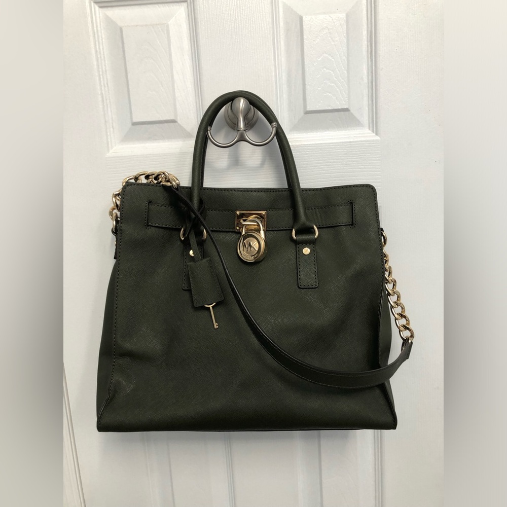 Michael Kors Large Hamilton Olive Green Saffiano Leather Satchel Bag Gold Lock